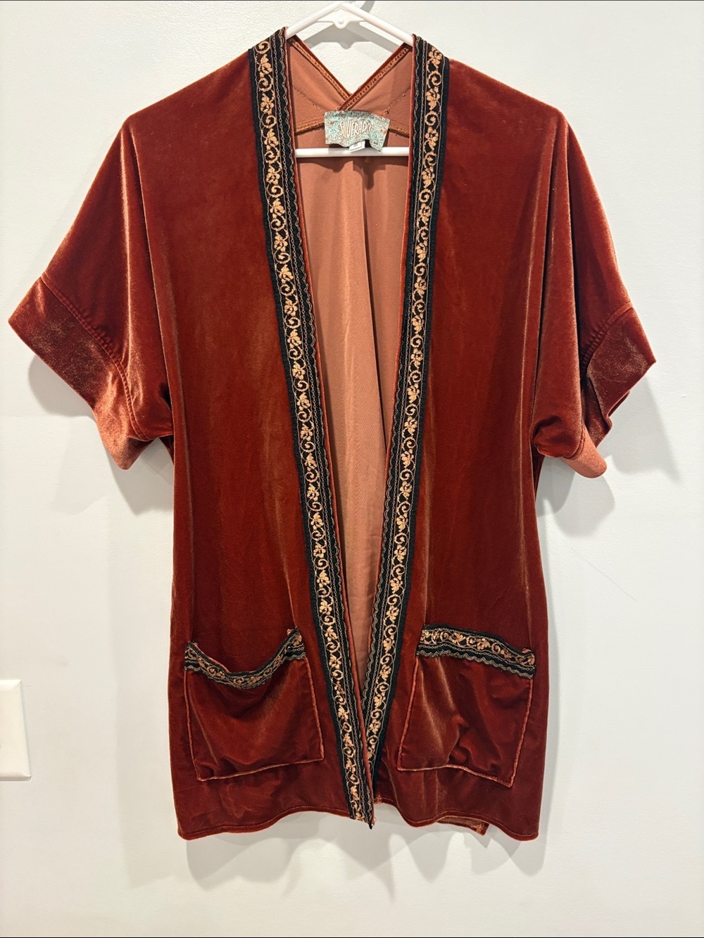 Velvet Open-Front Tunic Kimono in Rust with Embroidered Trim ptp 24 western
